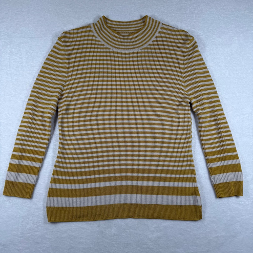 St. John‎ Mustard Yellow Cream Striped Ribbed Wool Rayon Mock Neck Sweater S